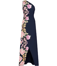 Kay Unger Stretch Crepe Floral Border Print One Shoulder Sleeveless Gown