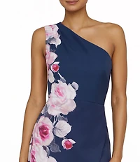 Kay Unger Stretch Crepe Floral Placement Print One Shoulder Neck Sleeveless Sheath Gown