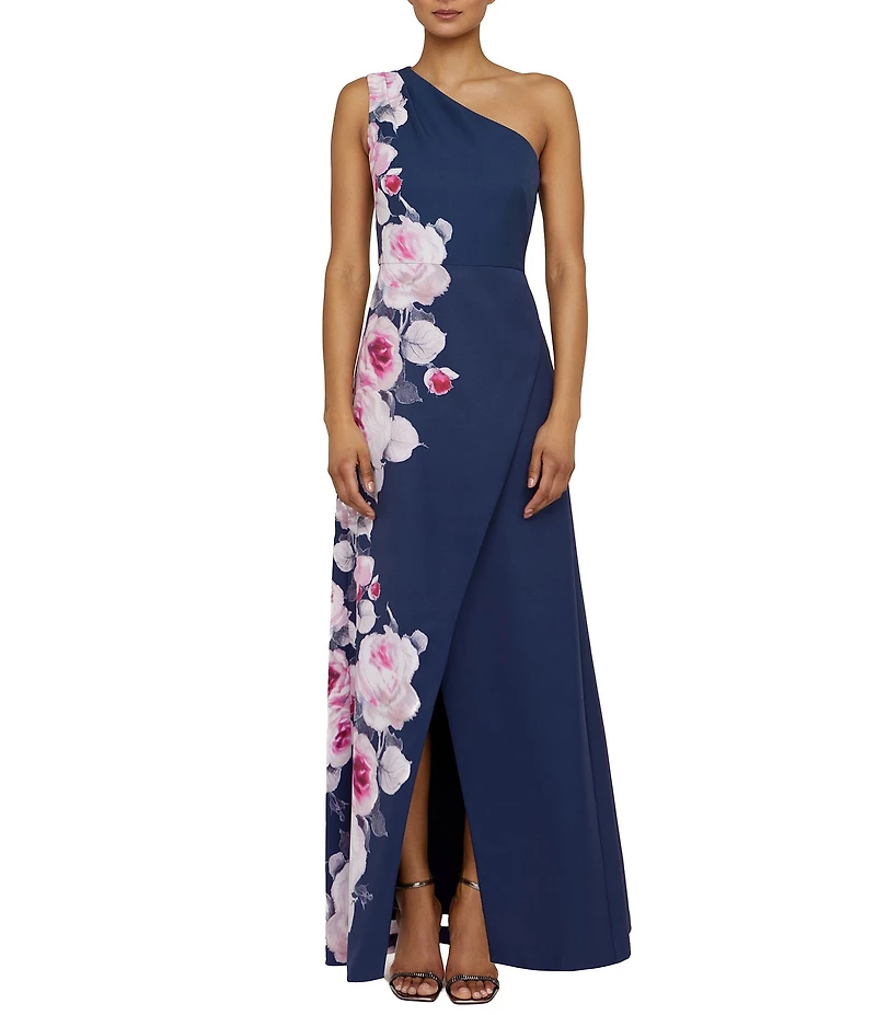 Kay Unger Stretch Crepe Floral Placement Print One Shoulder Neck Sleeveless Sheath Gown