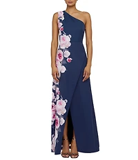 Kay Unger Stretch Crepe Floral Placement Print One Shoulder Neck Sleeveless Sheath Gown