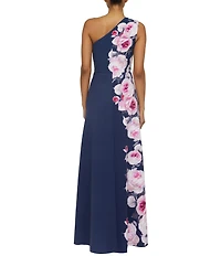 Kay Unger Stretch Crepe Floral Placement Print One Shoulder Neck Sleeveless Sheath Gown