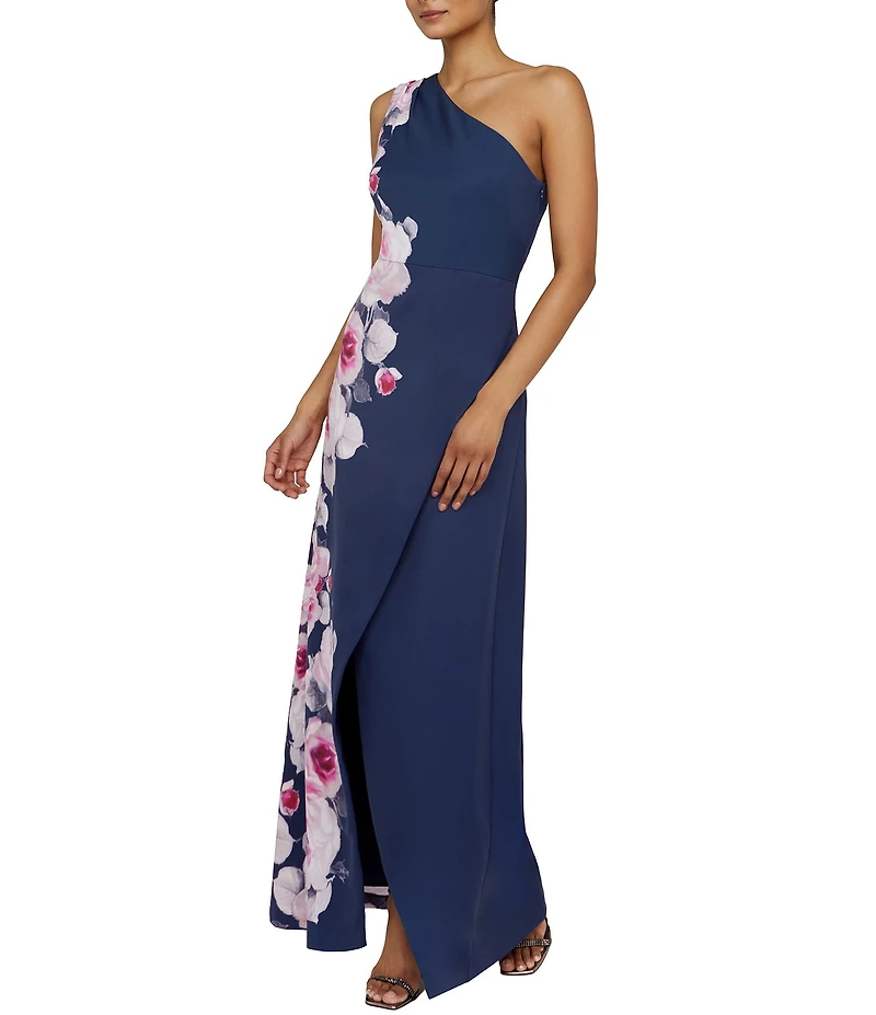 Kay Unger Stretch Crepe Floral Placement Print One Shoulder Neck Sleeveless Sheath Gown