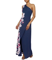 Kay Unger Stretch Crepe Floral Placement Print One Shoulder Neck Sleeveless Sheath Gown
