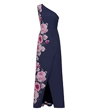 Kay Unger Stretch Crepe Floral Placement Print One Shoulder Neck Sleeveless Sheath Gown