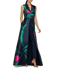 Kay Unger Sutton Large Abstract Floral Mikado V-Notch Collared Sleeveless Jumpsuit