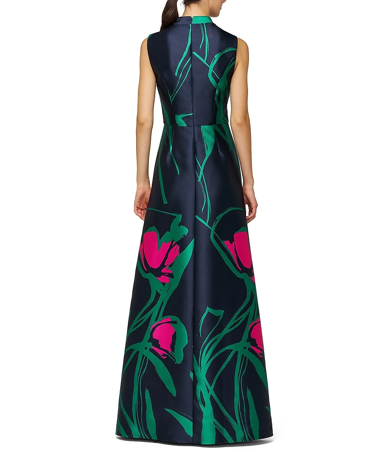 Kay Unger Sutton Large Abstract Floral Mikado V-Notch Collared Sleeveless Jumpsuit