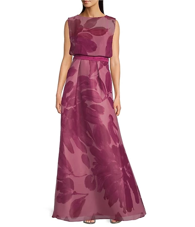 Kay Unger Tess Chiffon Floral Print Crew Neck Sleeveless Pleated Waistband Blouson Gown