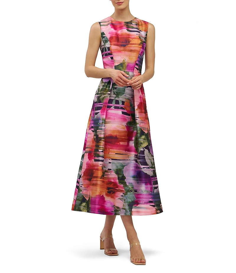 Kay Unger Tessa Floral Print Organza Crew Neck Sleeveless A-Line Midi Dress