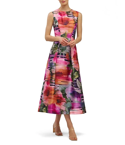 Kay Unger Tessa Floral Print Organza Crew Neck Sleeveless A-Line Midi Dress
