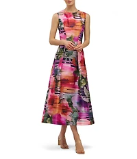 Kay Unger Tessa Floral Print Organza Crew Neck Sleeveless A-Line Midi Dress