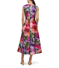 Kay Unger Tessa Floral Print Organza Crew Neck Sleeveless A-Line Midi Dress