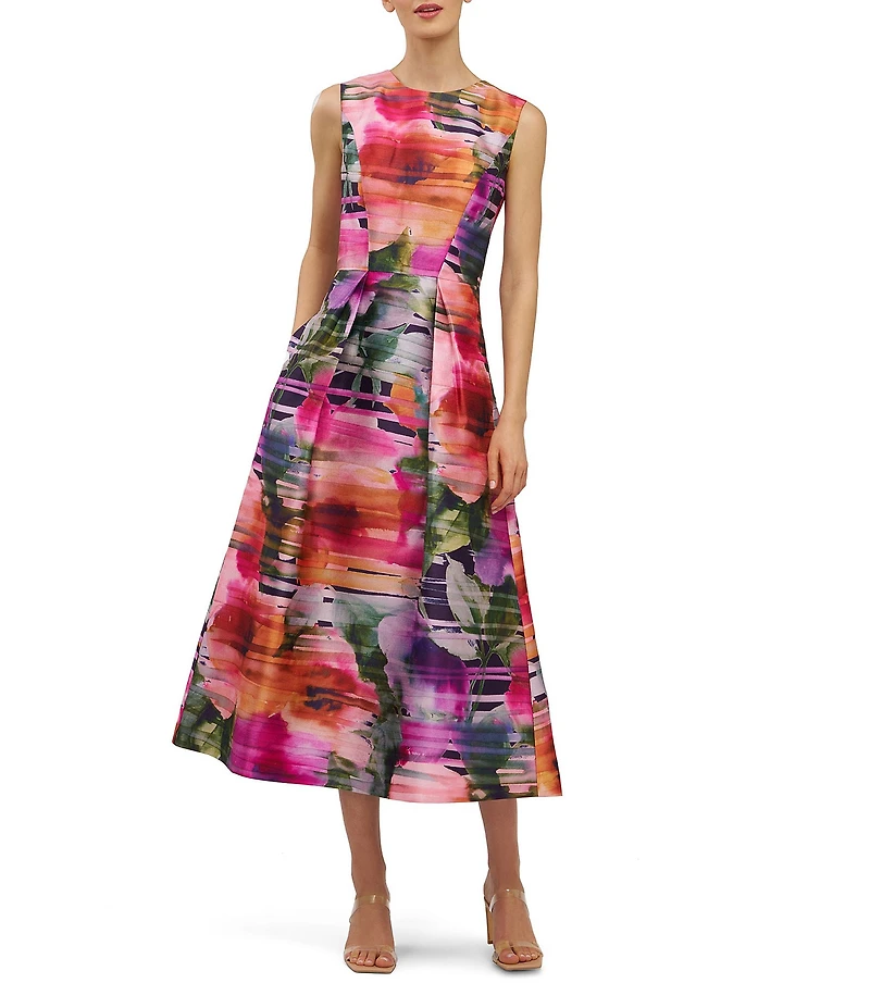 Kay Unger Tessa Floral Print Organza Crew Neck Sleeveless A-Line Midi Dress