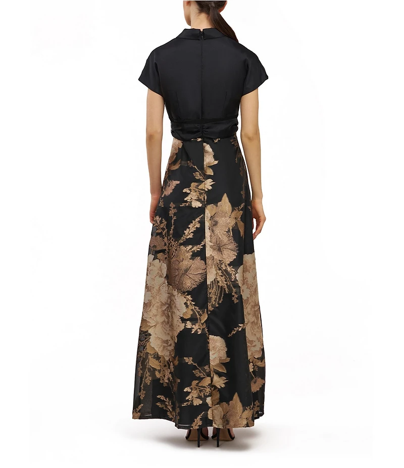 Kay Unger V Neck Floral Jacquard A Line Gown