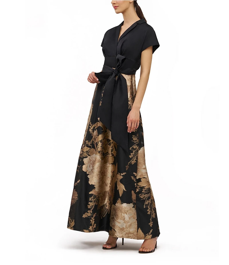 Kay Unger V Neck Floral Jacquard A Line Gown
