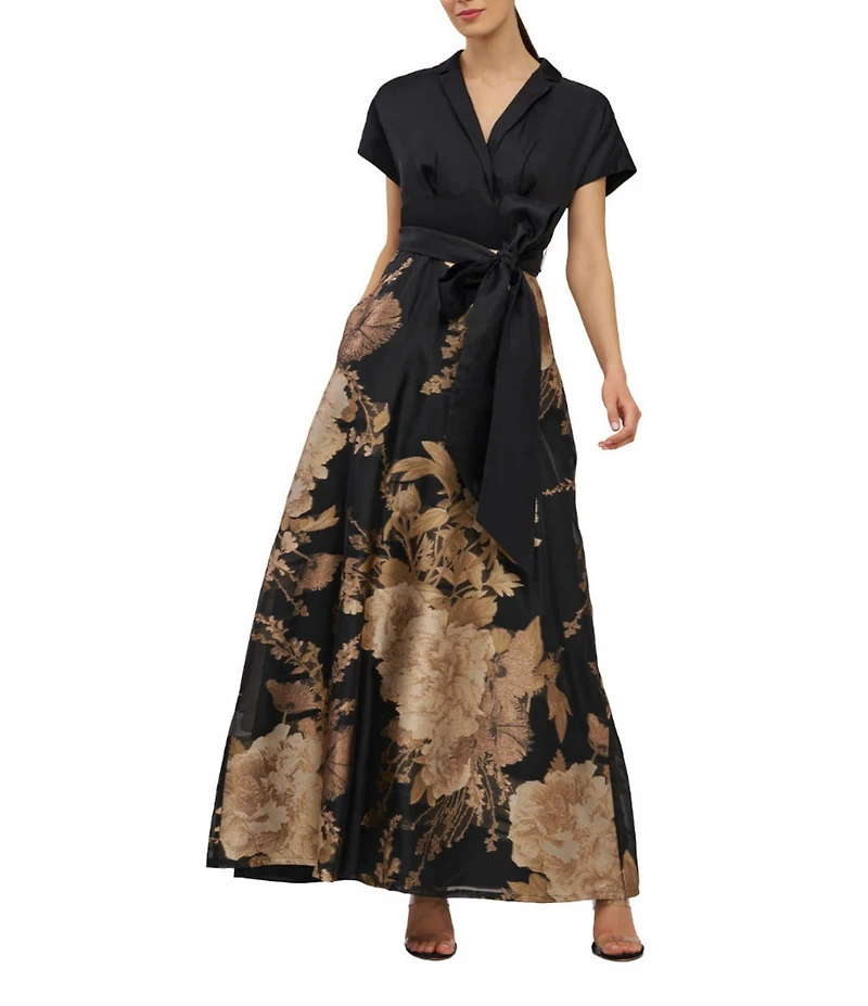 Kay Unger V Neck Floral Jacquard A Line Gown