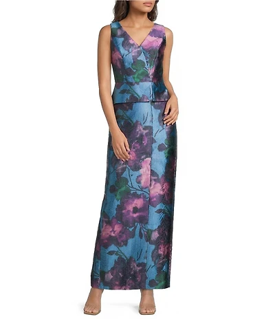 Kay Unger V Neck Floral Mikado Peplum Column Gown