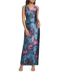 Kay Unger V Neck Floral Mikado Peplum Column Gown