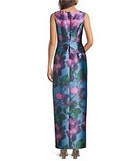 Kay Unger V Neck Floral Mikado Peplum Column Gown