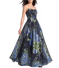 Kay Unger Willow Floral Metallic Organza Curved Stapless Neckline A-Line Gown