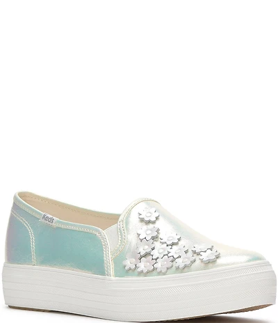 Keds Triple Decker Iridescent Canvas Flower Ornamented Slip On Platform Sneakers