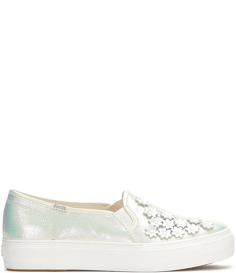 Keds Triple Decker Iridescent Canvas Flower Ornamented Slip On Platform Sneakers