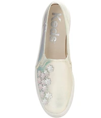 Keds Triple Decker Iridescent Canvas Flower Ornamented Slip On Platform Sneakers