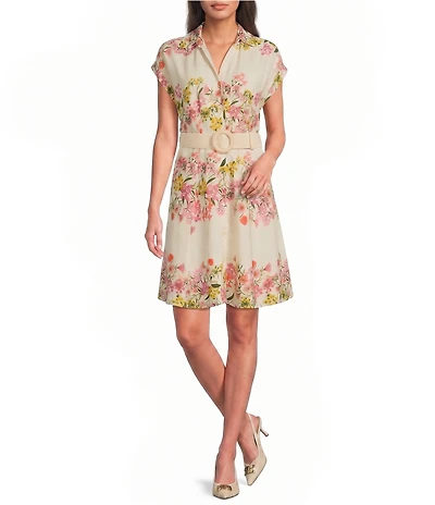 Kelly Grace Dolman Sleeve Floral Belted Mini Shirt Dress
