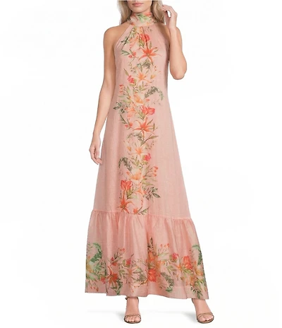 Kelly Grace Floral Print Linen Blend Halter Tie Back Flowy Maxi Dress