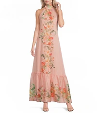 Kelly Grace Floral Print Linen Blend Halter Tie Back Flowy Maxi Dress