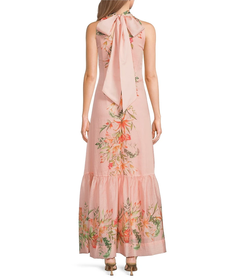 Kelly Grace Floral Print Linen Blend Halter Tie Back Flowy Maxi Dress