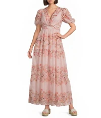 Kelly Grace Floral Print Linen Blend V-Neck Short Sleeve A-Line Maxi Dress