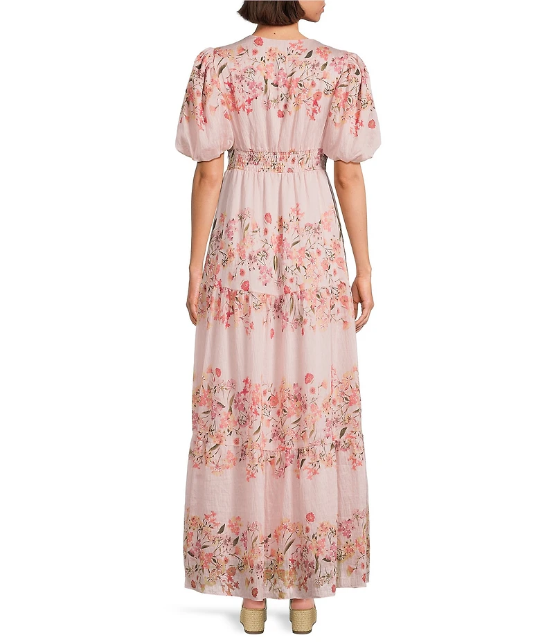 Kelly Grace Floral Print Linen Blend V-Neck Short Sleeve A-Line Maxi Dress