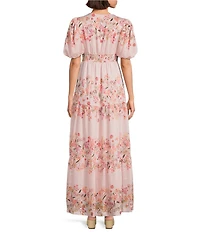 Kelly Grace Floral Print Linen Blend V-Neck Short Sleeve A-Line Maxi Dress