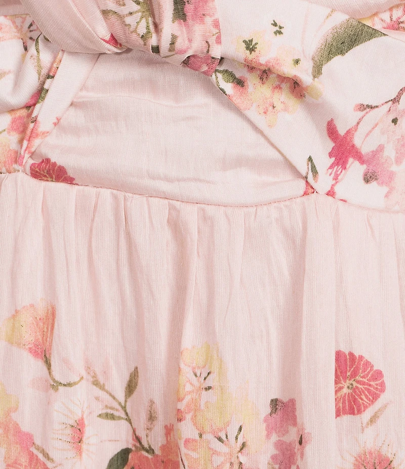 Kelly Grace Floral Print Linen Blend V-Neck Short Sleeve A-Line Maxi Dress