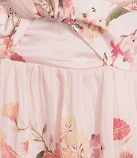 Kelly Grace Floral Print Linen Blend V-Neck Short Sleeve A-Line Maxi Dress