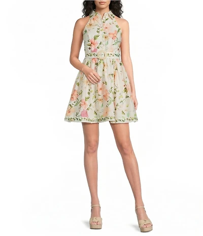 Kelly Grace Floral Print Poplin Halter Button Front Fit & Flare Mini Dress
