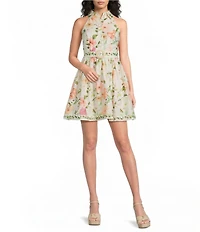 Kelly Grace Floral Print Poplin Halter Button Front Fit & Flare Mini Dress