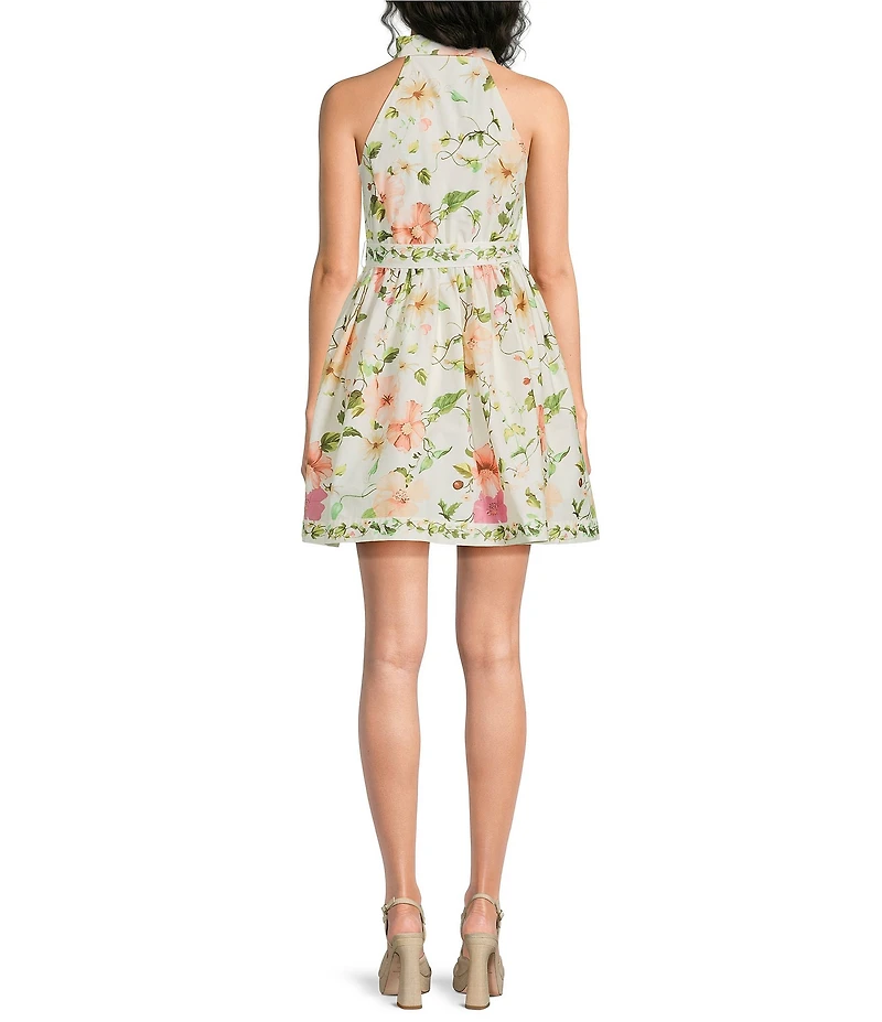 Kelly Grace Floral Print Poplin Halter Button Front Fit & Flare Mini Dress