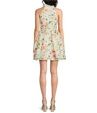 Kelly Grace Floral Print Poplin Halter Button Front Fit & Flare Mini Dress