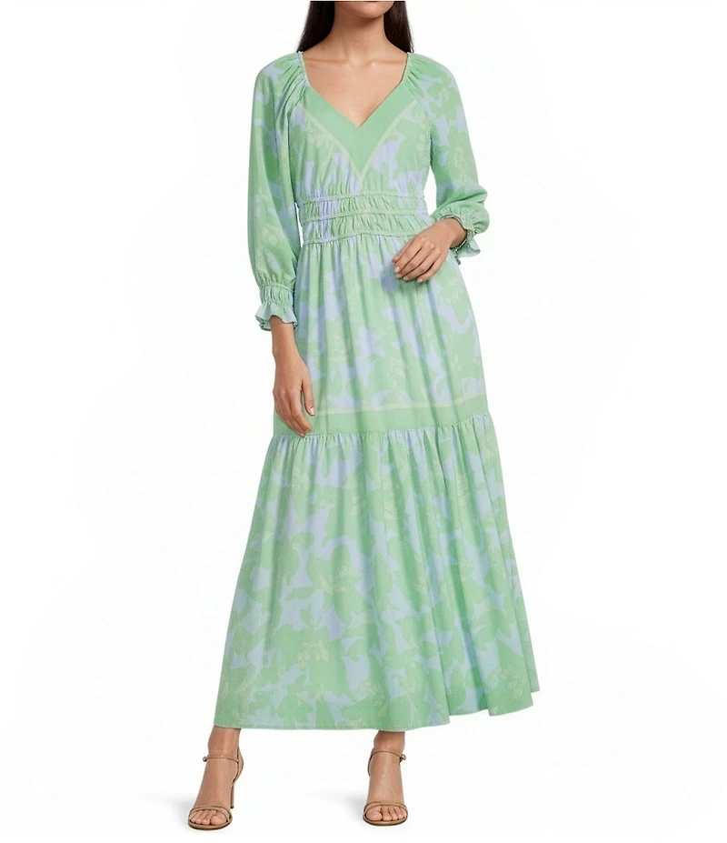 Kelly Grace Floral Print V-Neck Long Sleeve Ruffle Hem Maxi Dress