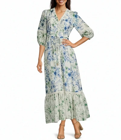 Kelly Grace Floral Print Woven V-Neck 3/4 Sleeve Ruffle Hem A-Line Maxi Dress