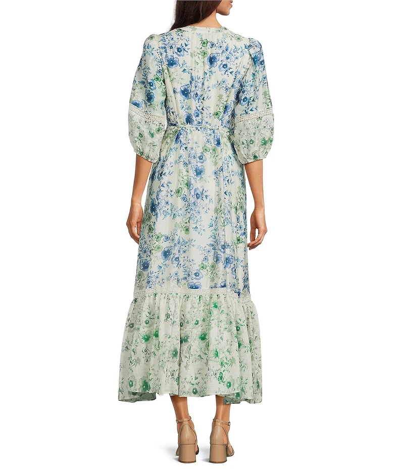 Kelly Grace Floral Print Woven V-Neck 3/4 Sleeve Ruffle Hem A-Line Maxi Dress