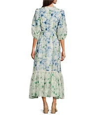 Kelly Grace Floral Print Woven V-Neck 3/4 Sleeve Ruffle Hem A-Line Maxi Dress