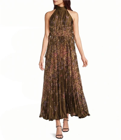 Kelly Grace Halter Mock Neck Pleated Midi Dress
