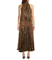 Kelly Grace Halter Mock Neck Pleated Midi Dress