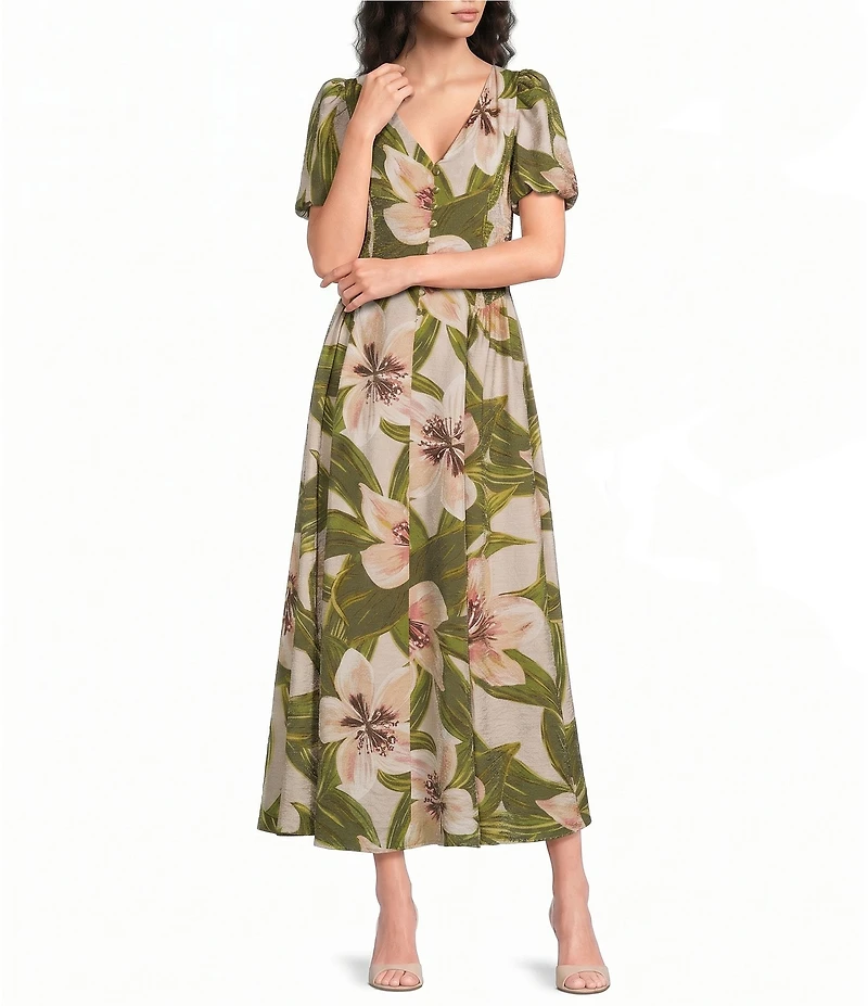 Kelly Grace Short Puff Sleeve Floral Printed A-Line Midi Dress
