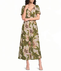 Kelly Grace Short Puff Sleeve Floral Printed A-Line Midi Dress