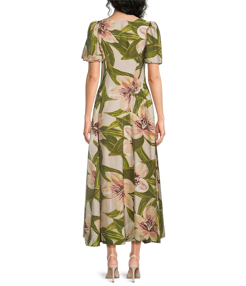 Kelly Grace Short Puff Sleeve Floral Printed A-Line Midi Dress