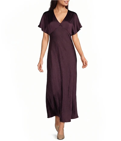 Kelly Grace Short Sleeve Satin V Neck Maxi Dress