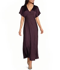 Kelly Grace Short Sleeve Satin V Neck Maxi Dress